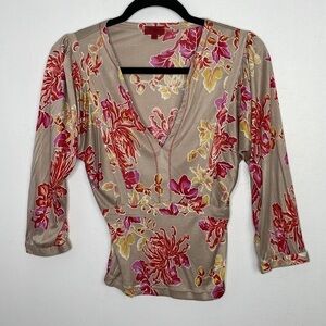Y2K Hugo Boss 100% silk floral puff shoulder top